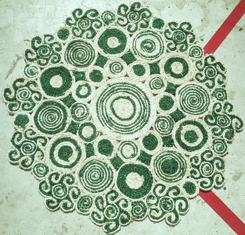 Round Swirl Jute Mat, Green & White, 100 cm diameter