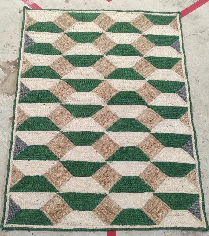 3D Cube Jute Rug, Green & Natural, 155 × 110 cm