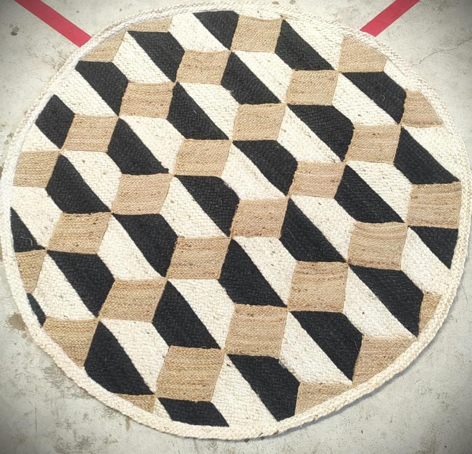 Round 3D Cube Jute Rug, Black & Natural, 120 cm diameter