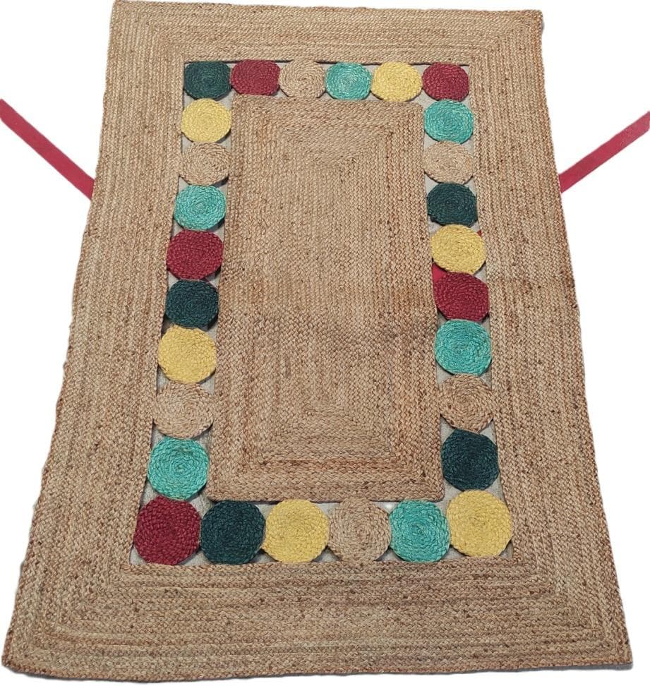 Jute Rug with Multicolour Circle Border, 170 × 120 cm