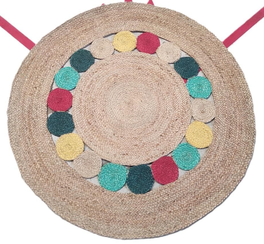 Round Jute Rug with Multicolour Circle Border, 170 × 120 cm