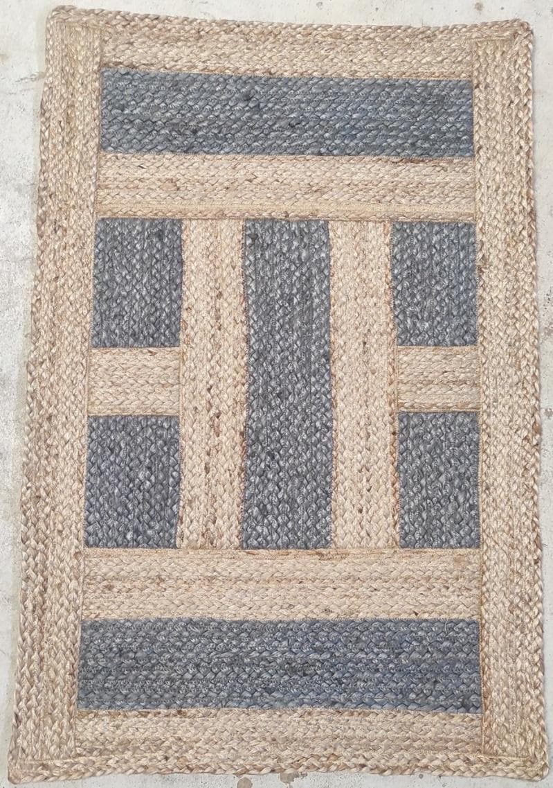 Grey Panel Jute Rug, 90 × 60 cm