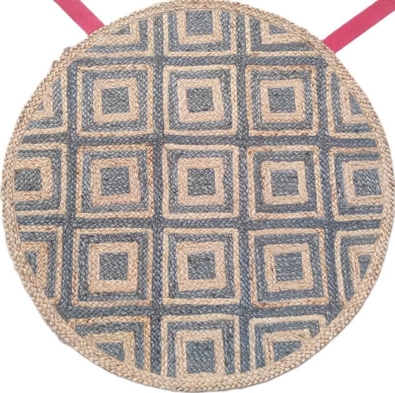 Round Grey Squares Jute Rug, 90 cm diameter