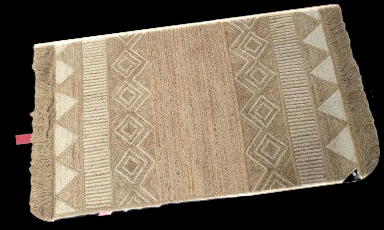 Fringed Jute Rug, Triangle Pattern, 170 × 90 cm