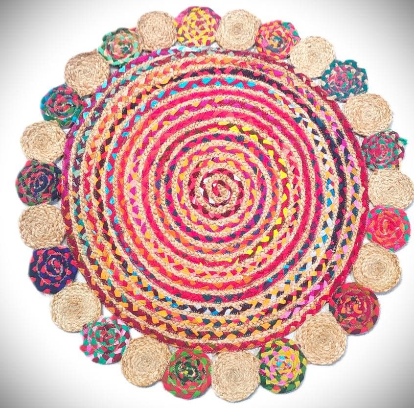 Round Cotton & Jute Fusion Mat, Multicolour, 90 cm diameter