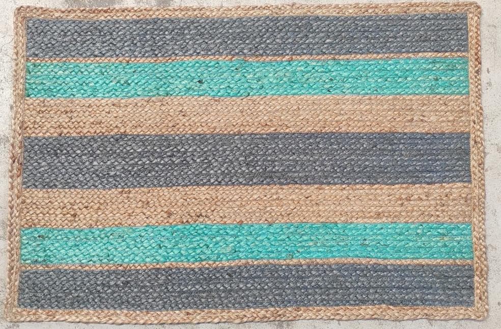 Striped Jute Mat, Grey & Aqua, 90 × 60 cm