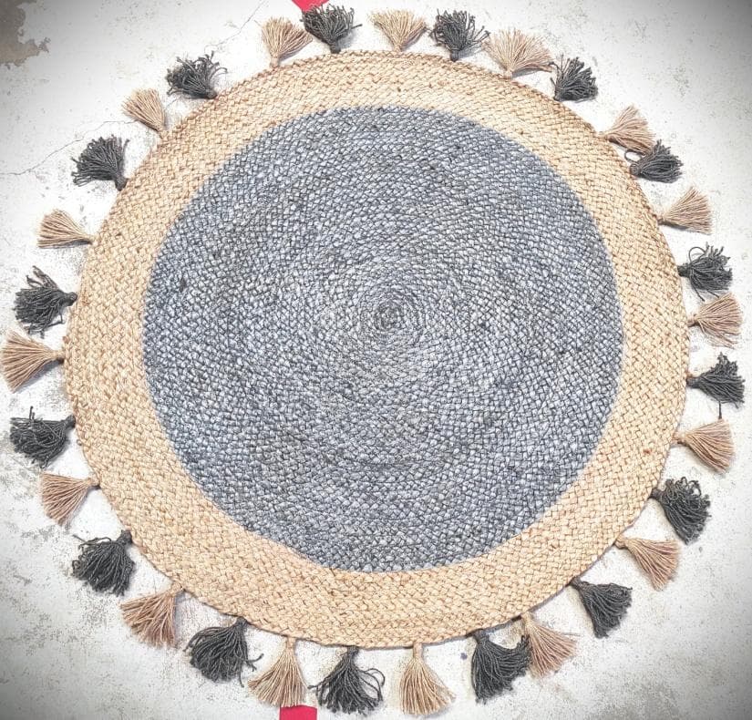 Round Grey Jute Rug with Tassels, 100 cm diameter