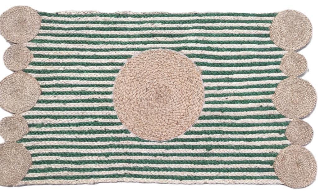 Green Striped Jute Rug with Circle Appliqués, 110 × 60 cm