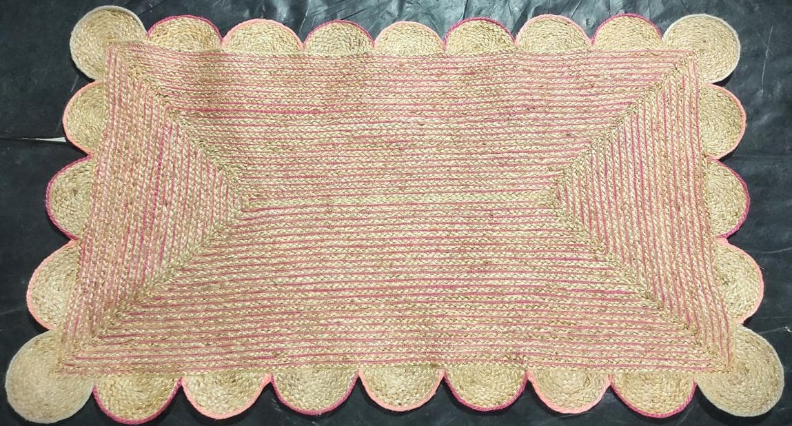 Scalloped Blush Pink Jute Rug, 160 × 90 cm