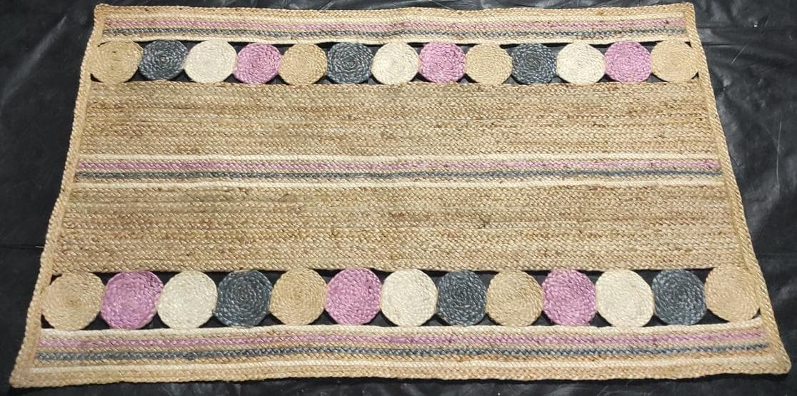 Jute Rug with Circle Borders, Pink & Grey, 90 × 50 cm