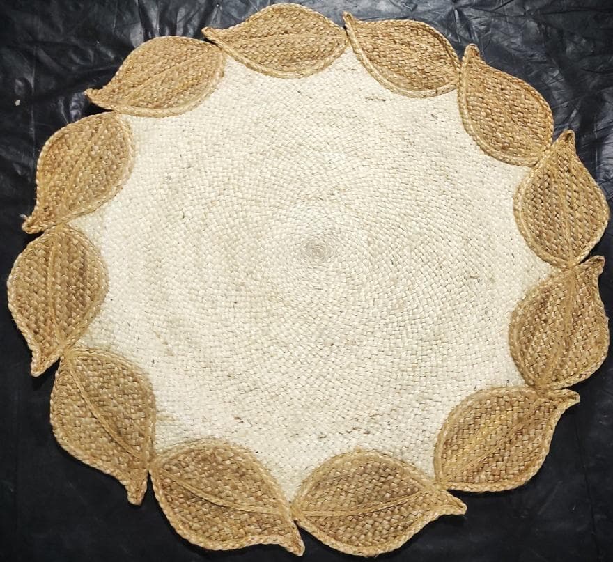 Round White Jute Rug with Leaf Border, 100 cm diameter