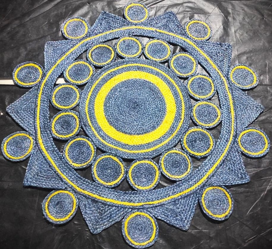 Round Jute Rug, Blue & Yellow Circles, 120 cm diameter