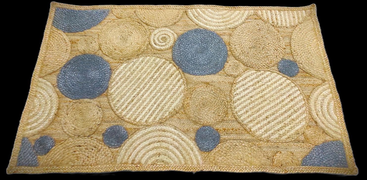 Jute Rug with Blue & Natural Circles, 150 × 90 cm