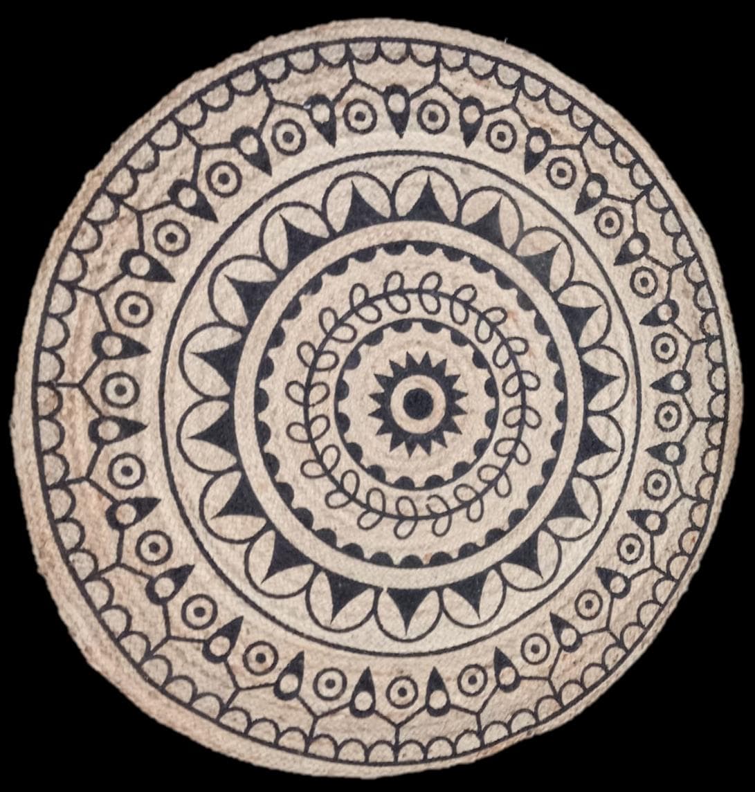 Round Mandala Jute Rug, Black on Natural, 120 cm diameter