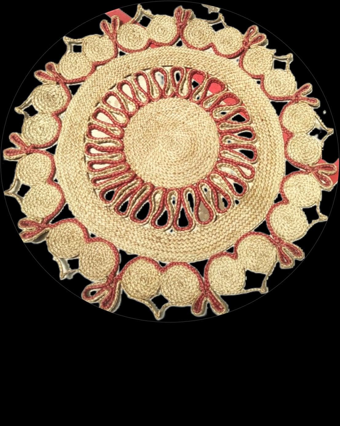 Round Jute Rug with Red Loop Border, 100 cm diameter