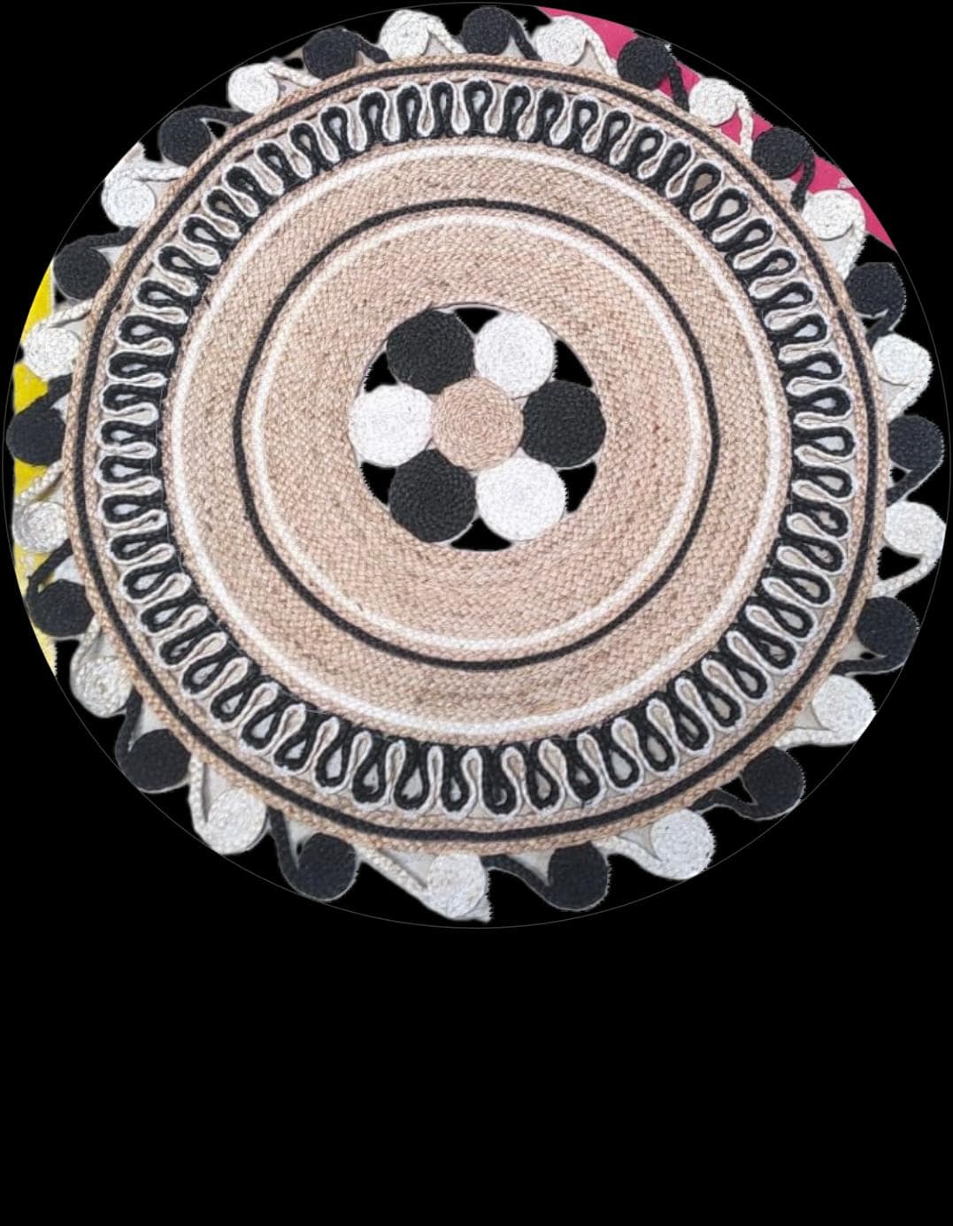 Round Jute Rug, Black & Blush Loop Pattern, 120 cm diameter