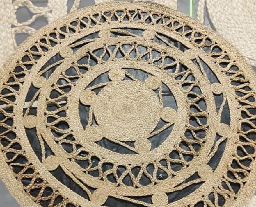 Round Openwork Jute Rug, Star Centre, 120 cm diameter