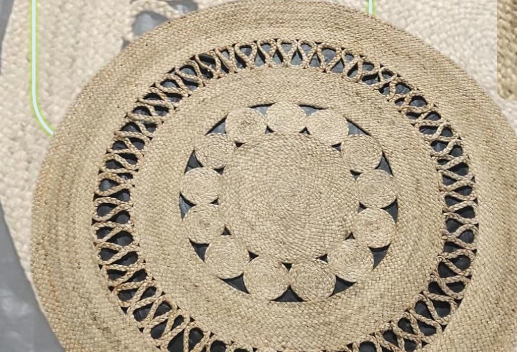 Round Openwork Jute Rug, Circle Medallions, 120 cm diameter