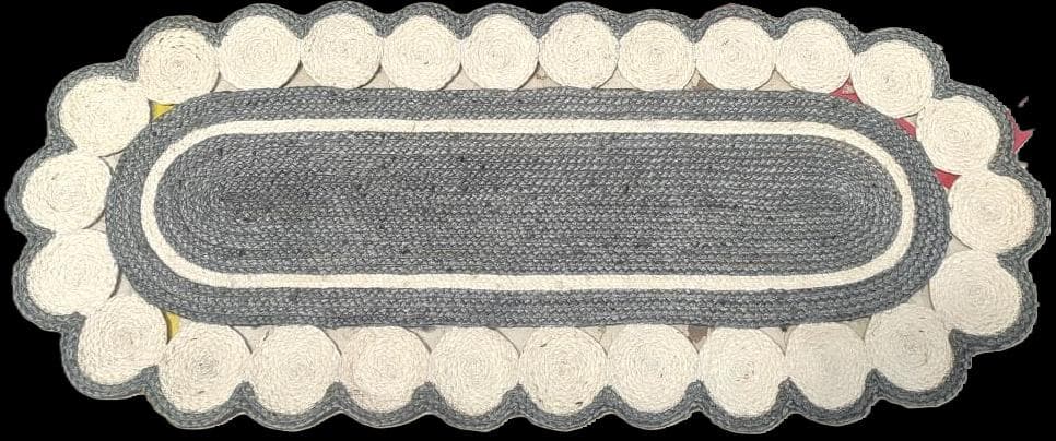 Oval Scalloped Jute Runner, Grey & Natural, 140 × 60 cm