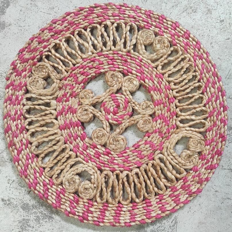 Round Jute Placemat, Pink Swirls, 40 × 40 cm