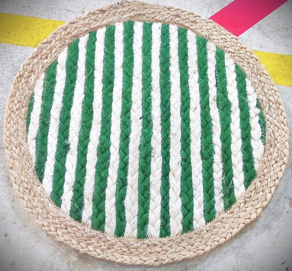 Round Striped Jute Placemat, Green & White, 40 × 40 cm