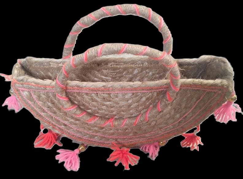 Jute Basket with Handle and Pink Tassels