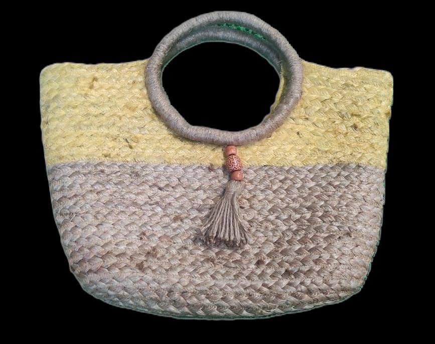 Jute Handbag with Ring Handle, Grey & Yellow